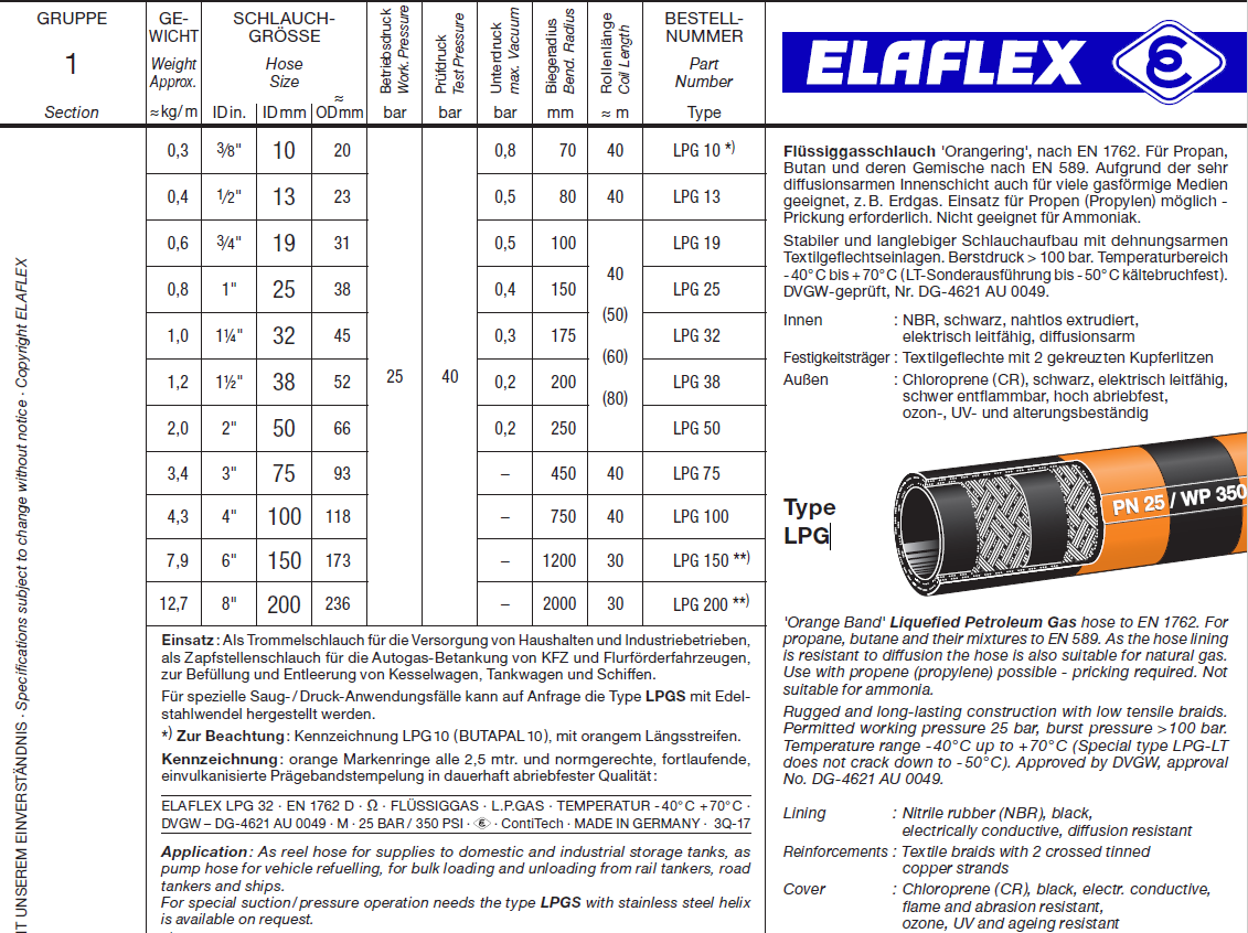 ELAFLEX LPG液化气软管橙色带环